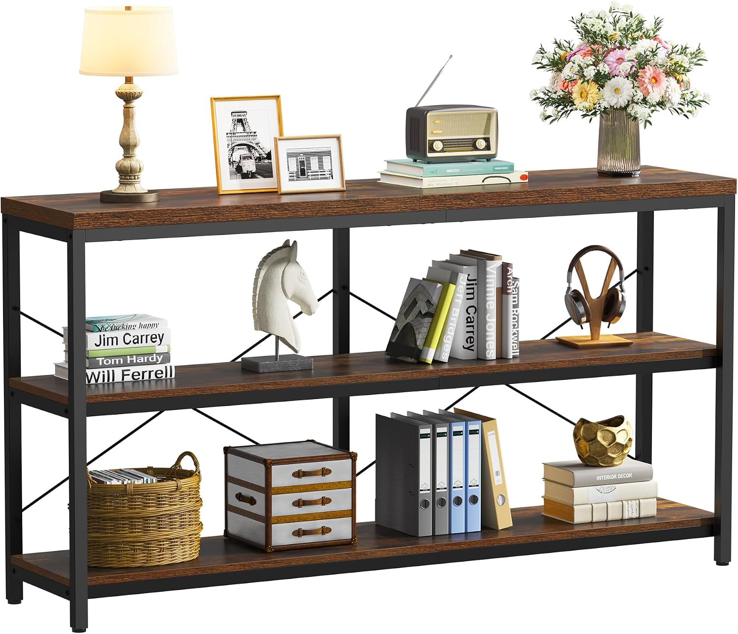 Bookcase Wood Shelf - 3 Katmanlı Endüstriyel Kitaplık, Geniş Ahşap