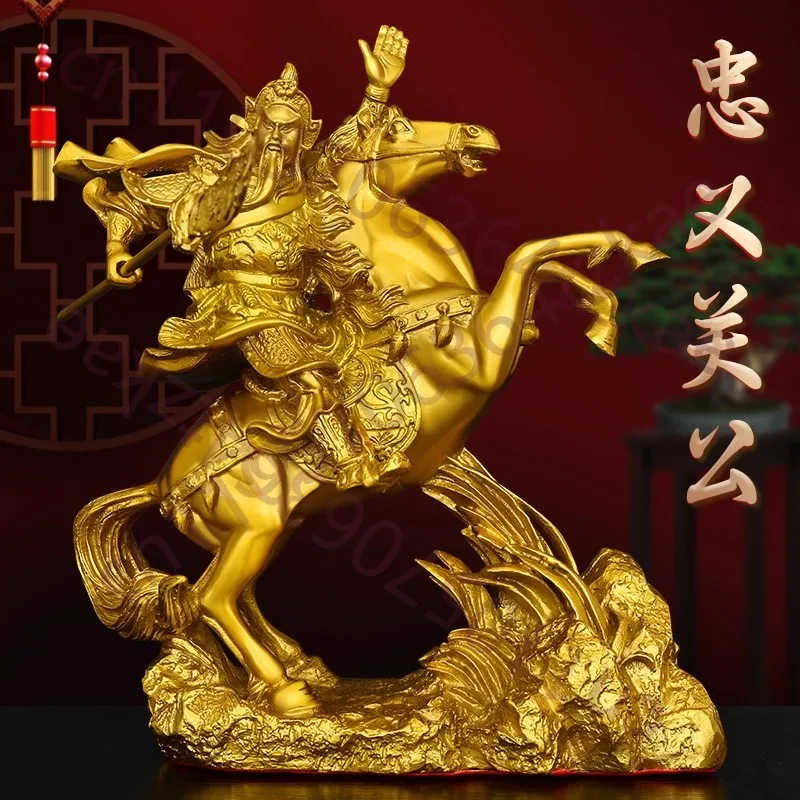 Home Office Feng Shui - Antik Pirinç Guan Yu Heykeli, Atlı