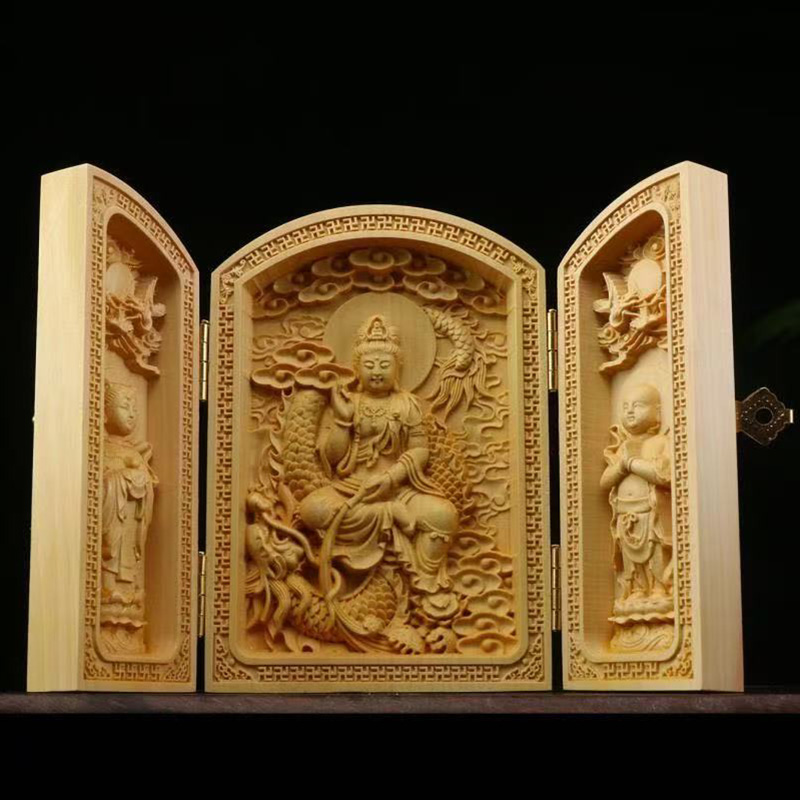 Home Office Feng Shui - Ahşap oyma Guanyin, Zenginlik Tanrısı heykeller