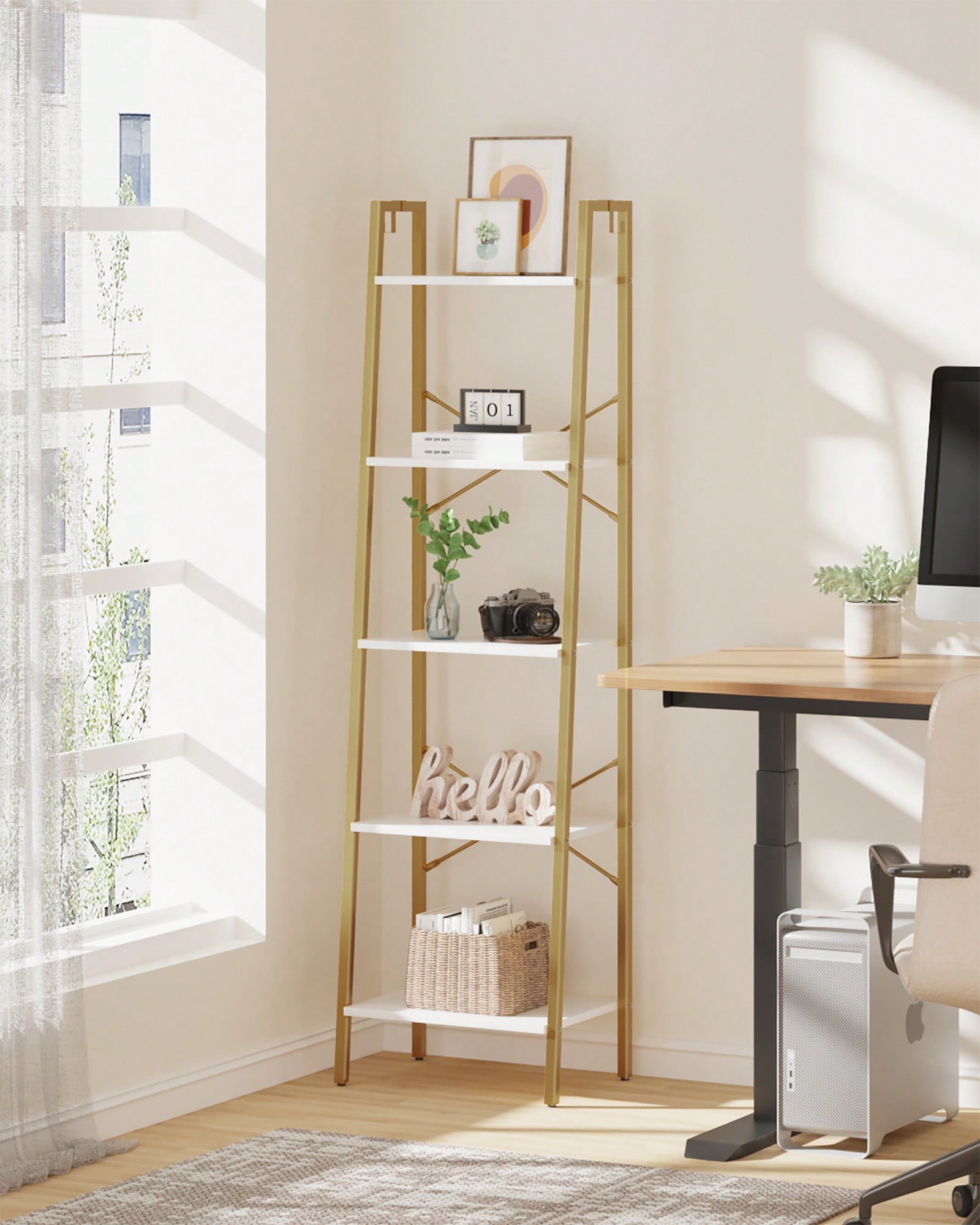 Bookcase Wood Shelf - 5 Katlı Merdiven Rafı Modern Glam